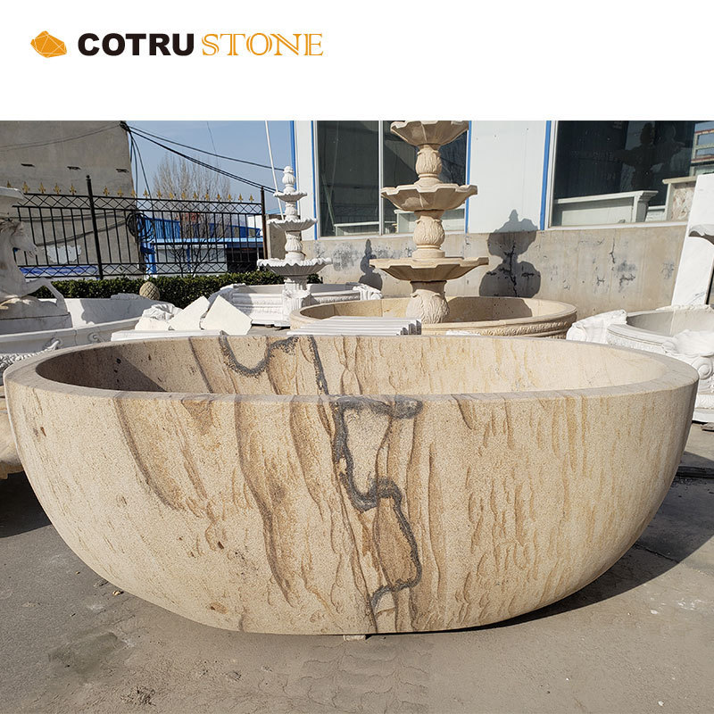 Custom Made Oval Round Stand Bathtub And Bathroom Stone Solid Surface Freestanding Wooden Veins Sandstone For Modern Bathr