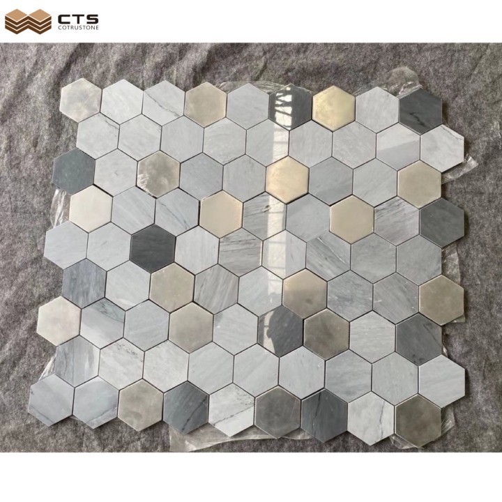 2023 Mixed  gold inlay white marble hexagon mosaic price bathroom floor tiles for europe home build