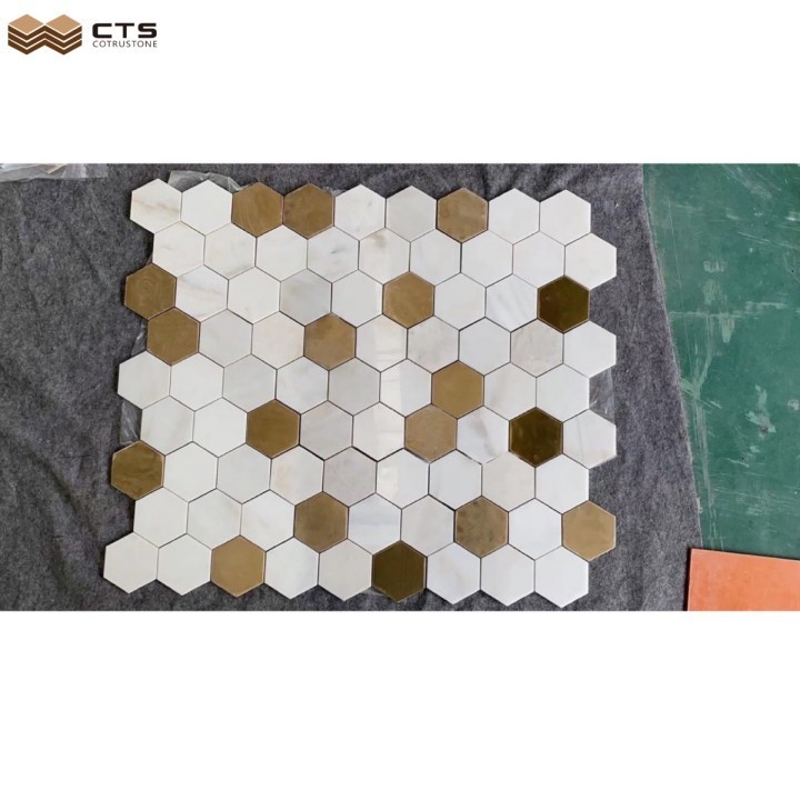 2023 Mixed  gold inlay white marble hexagon mosaic price bathroom floor tiles for europe home build