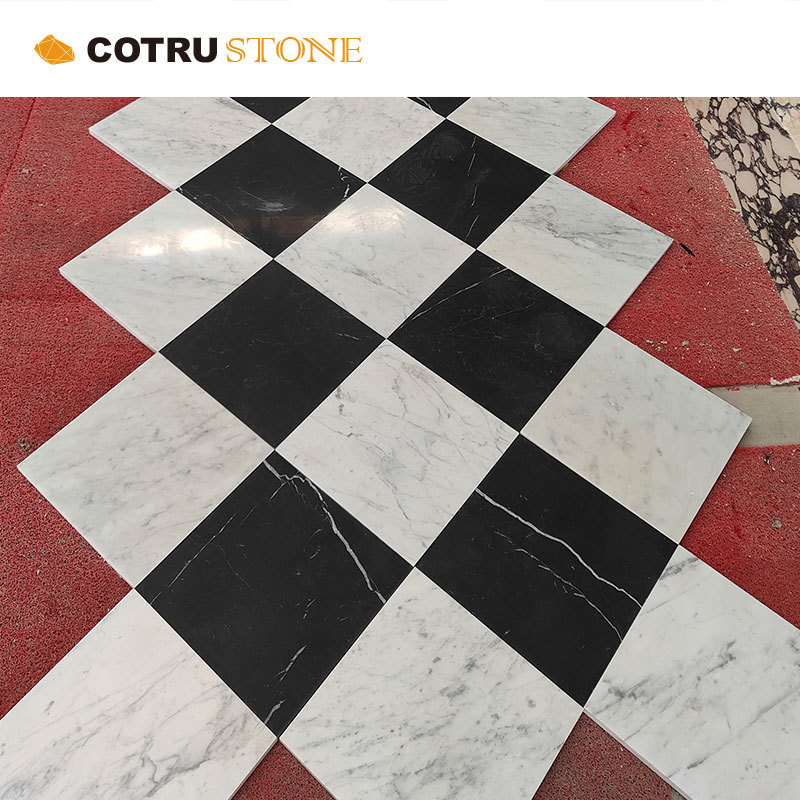 Natural Marble Mosaic Popular Checkerboard Pattern Black Nero Marquina And White Carrara Flooring Wall Bathroom Kitchen Tiles