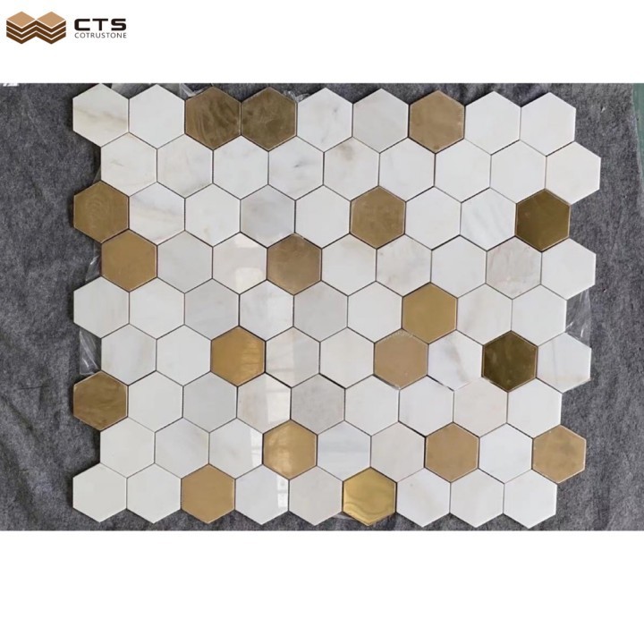 2023 Mixed  gold inlay white marble hexagon mosaic price bathroom floor tiles for europe home build