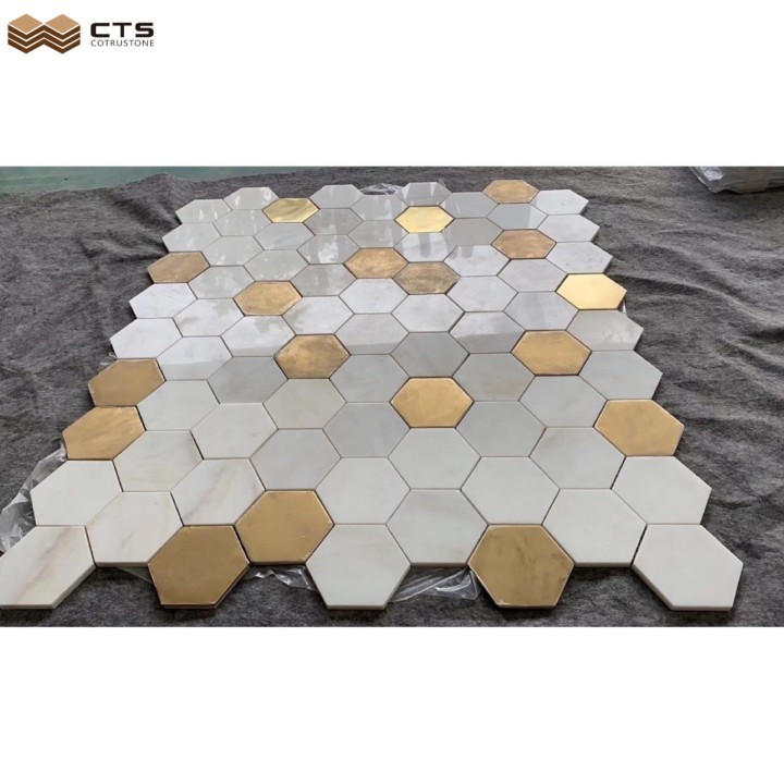 2023 Mixed  gold inlay white marble hexagon mosaic price bathroom floor tiles for europe home build