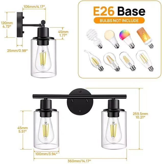 Modern Simple Style Matte Black Framed Double Bulbs 120w Warm White Light Clear Glass Shade Bathroom Wall Mounted Vanity Lamp