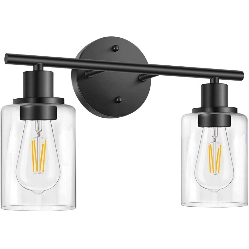 Modern Simple Style Matte Black Framed Double Bulbs 120w Warm White Light Clear Glass Shade Bathroom Wall Mounted Vanity Lamp