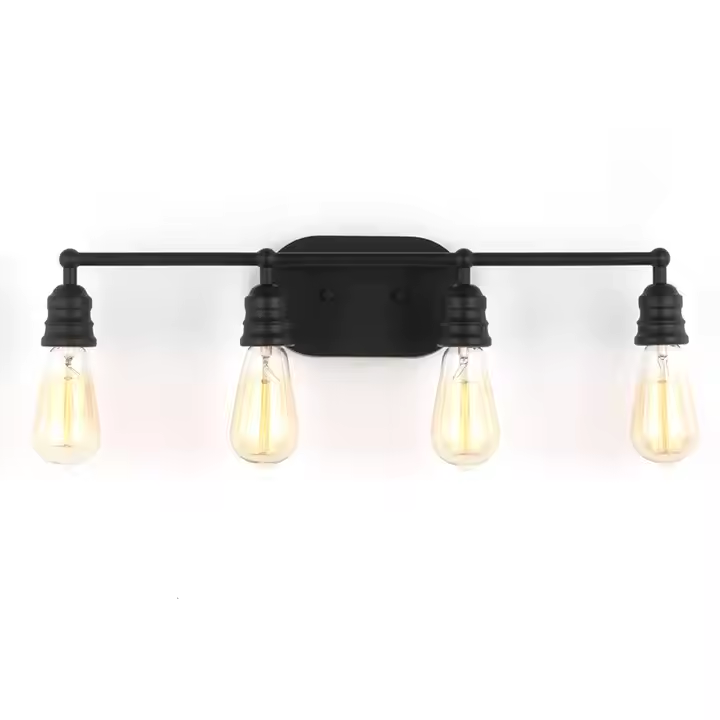 Large Size Lighting Functions Modern 240w Four Bulbs Warm White Light Steel Base Matte Black Framed Indoor Wall Vanity Lamp