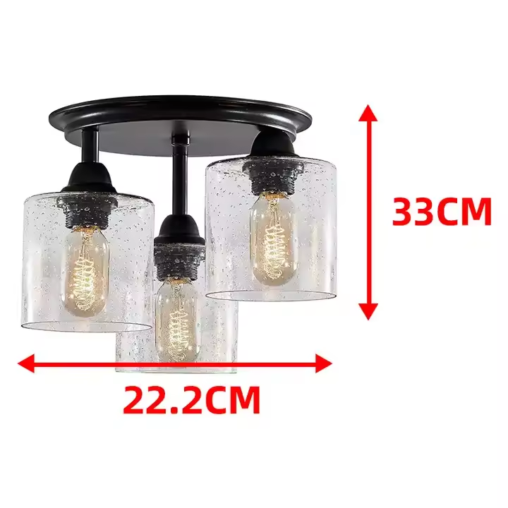 Matte Black Framed Three Bulbs 180w Ceiling Lamp Clear Seeded Glass Shade Switch Control Surface Mounted Ceiling Lamp