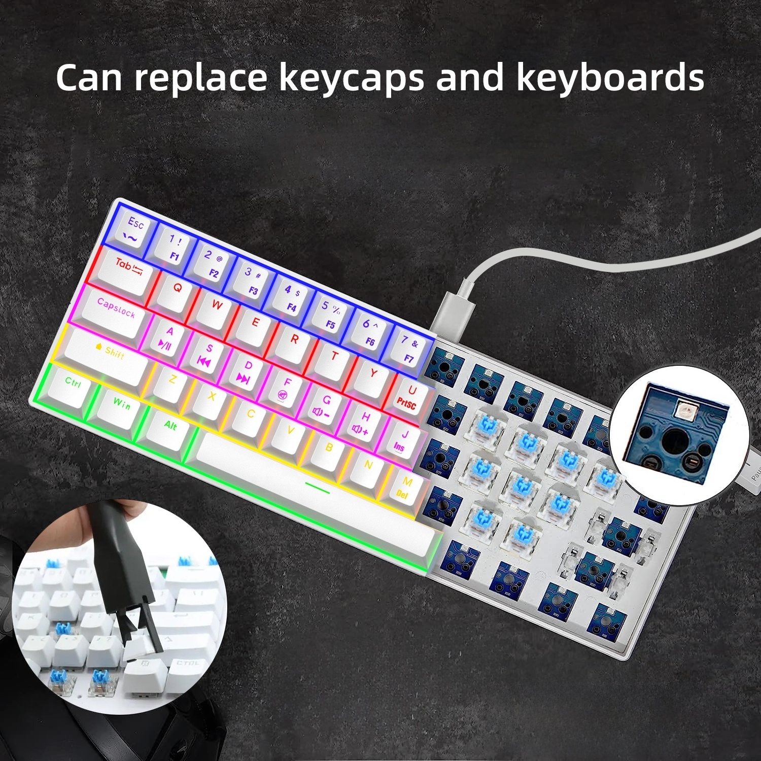 2024 Hot Sale RGB Backlit Mechanical Keyboard Wired Wireless 61 Keys 60 percent Gaming Keyboard Blue Switch