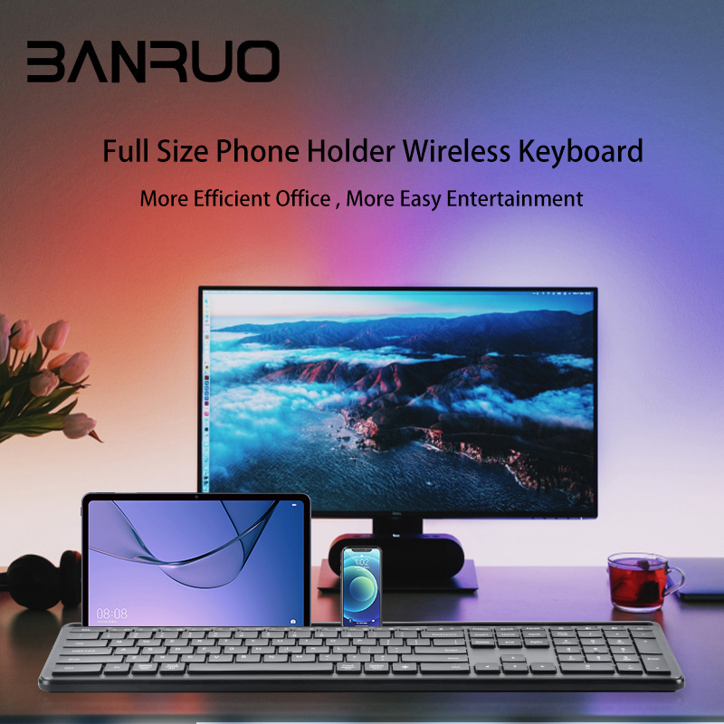 2.4G Wireless Silent Keyboard Ergonomic Russian Full Size Phone Holder Gaming Computer Office Silent Bluetooth Wireless Keyboard