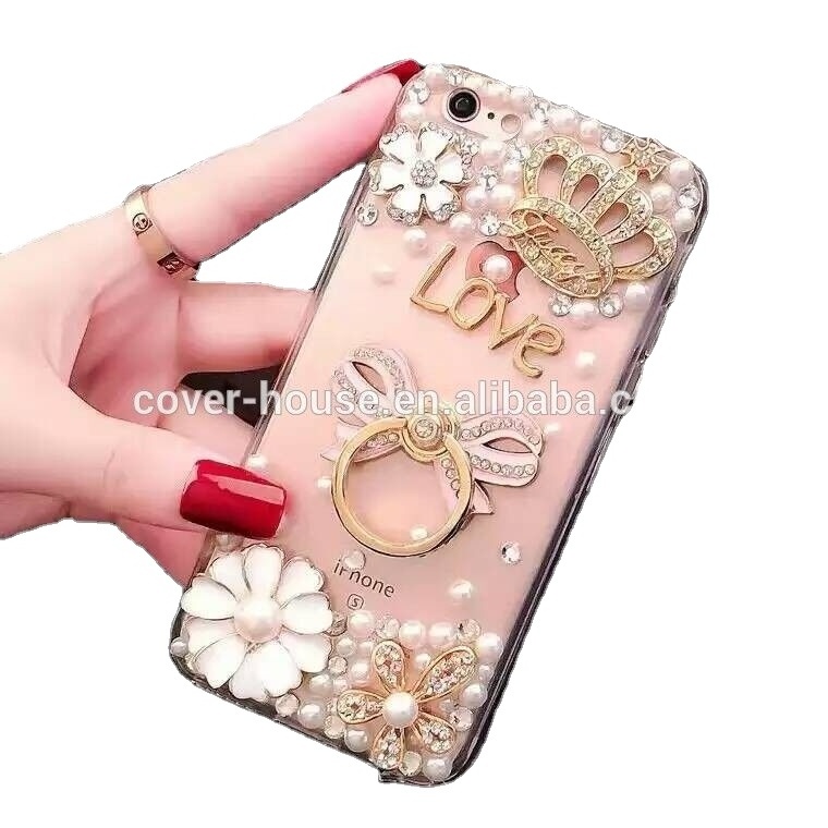 Handmade Bling 3D diamond Transparent TPU back Cover with crystal ring stand for iPhone 7