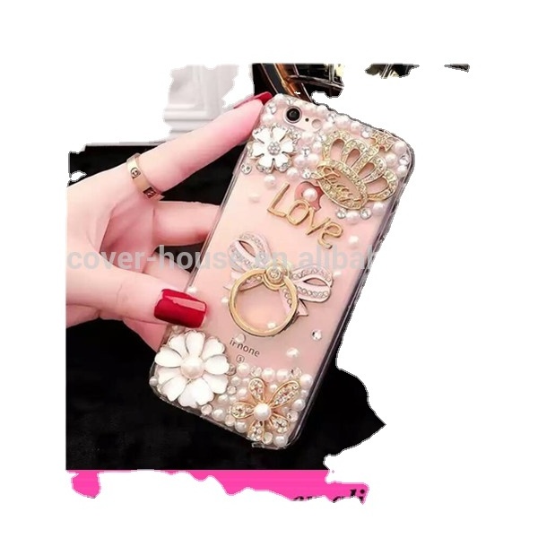 Handmade Bling 3D diamond Transparent TPU back Cover with crystal ring stand for iPhone 7