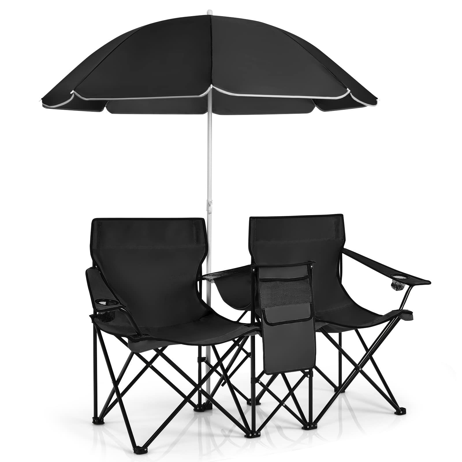 Custom Camping Outdoor Portable Double Folding Table Chair Set With Umbrella