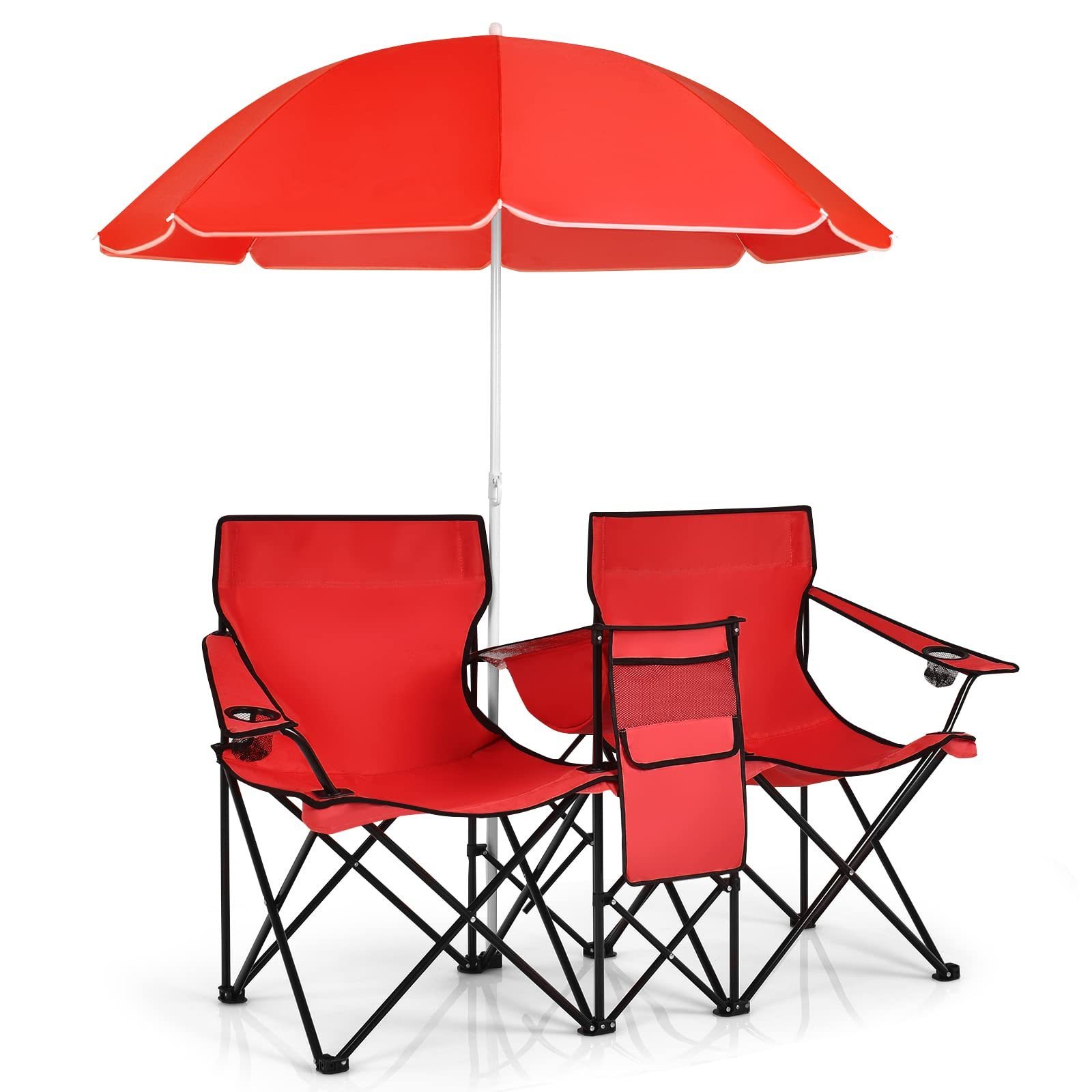 Custom Camping Outdoor Portable Double Folding Table Chair Set With Umbrella