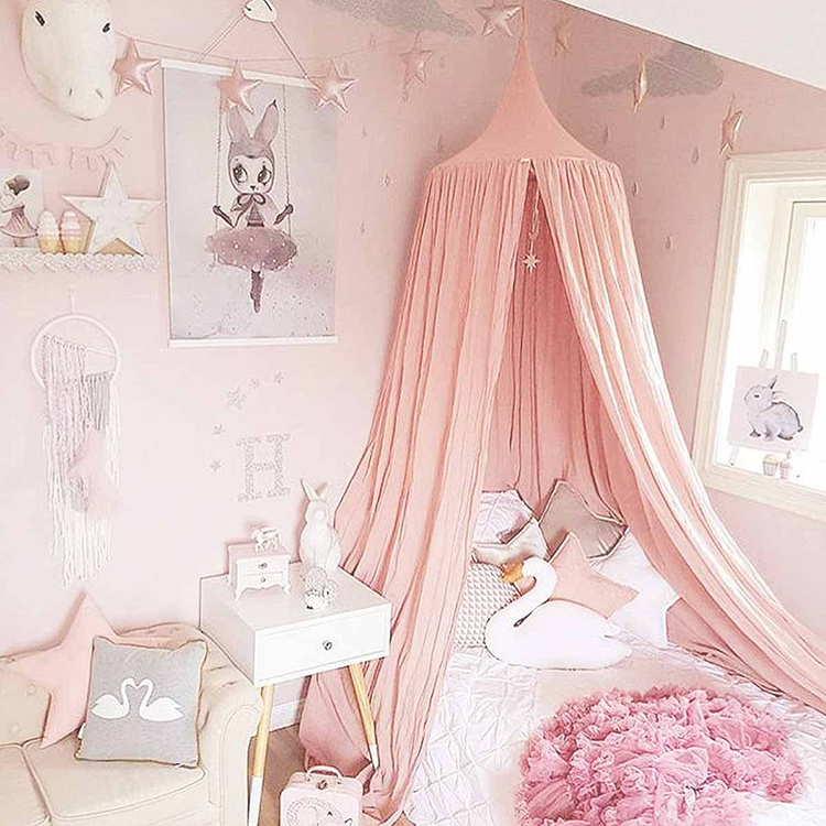 Baby  Cotton Bed Curtains Kids Bed Canopy with Pom Pom Hanging Net