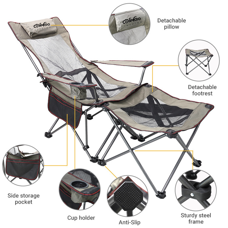 Outdoor Multifunctional Beach Lounge Chaise Folding Camping Equipment Foldable Recliner Footrest Chair with Chair for Camping