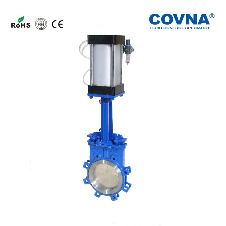 COVNA Lug Pneumatic Knife Gate Valve 4 inch Operated Soft Seal Cast Steel Knife Gate Valve Slurry Knife Gate Valve