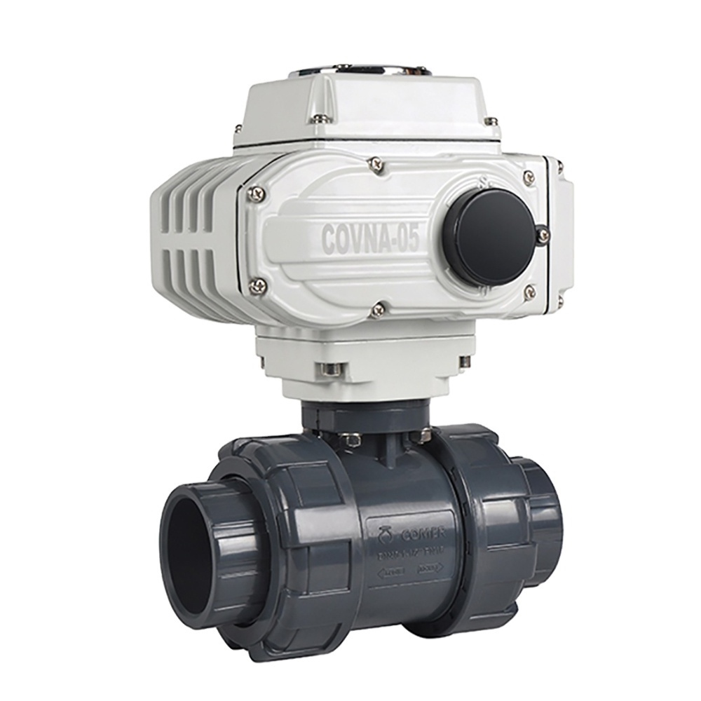 COVNA DN50 2 Way 3 Ways Electric Upvc Ball Valve 12V DC PVC Double Union Ball Valve Motorized Ball Valve