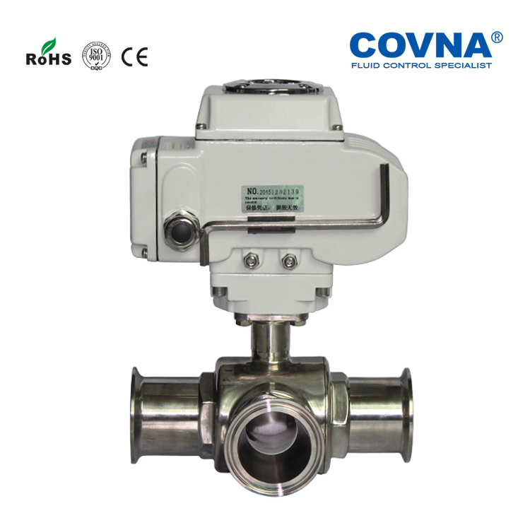 COVNA 2 inch 4 inches 3 Way 12V Sanitary Electric Ball Valve Stainless Steel Clamp Motorized Ball Valves