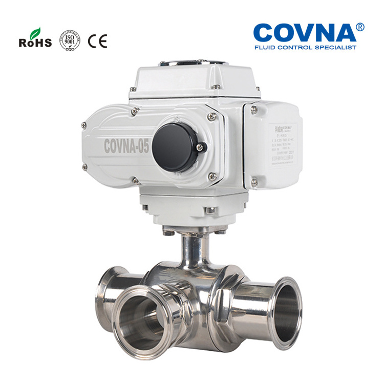 COVNA 2 inch 4 inches 3 Way 12V Sanitary Electric Ball Valve Stainless Steel Clamp Motorized Ball Valves