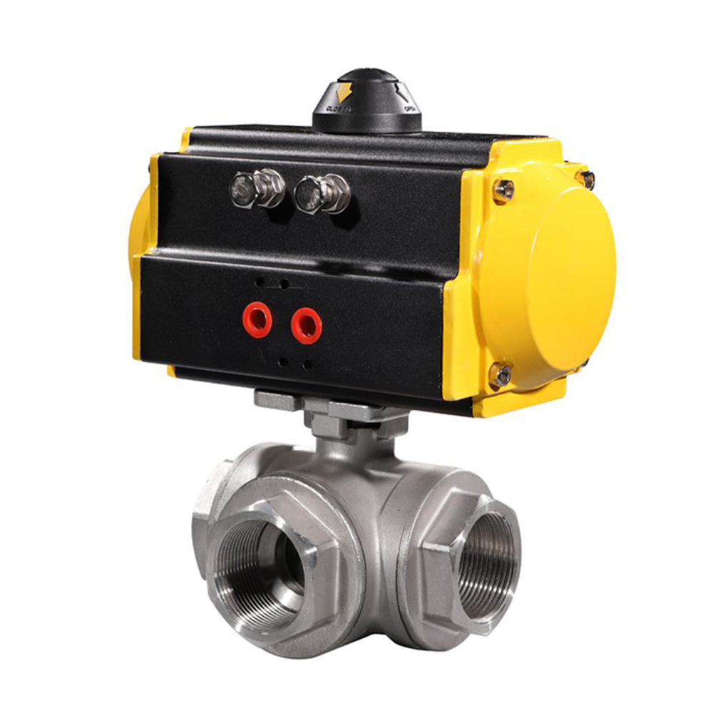 COVNA 2 inch 3 Way T Port NPT Threaded CF8M Stainless Steel Pneumatic Actuated Ball Valve