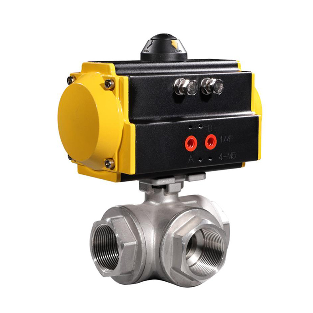 COVNA 2 inch 3 Way T Port NPT Threaded CF8M Stainless Steel Pneumatic Actuated Ball Valve