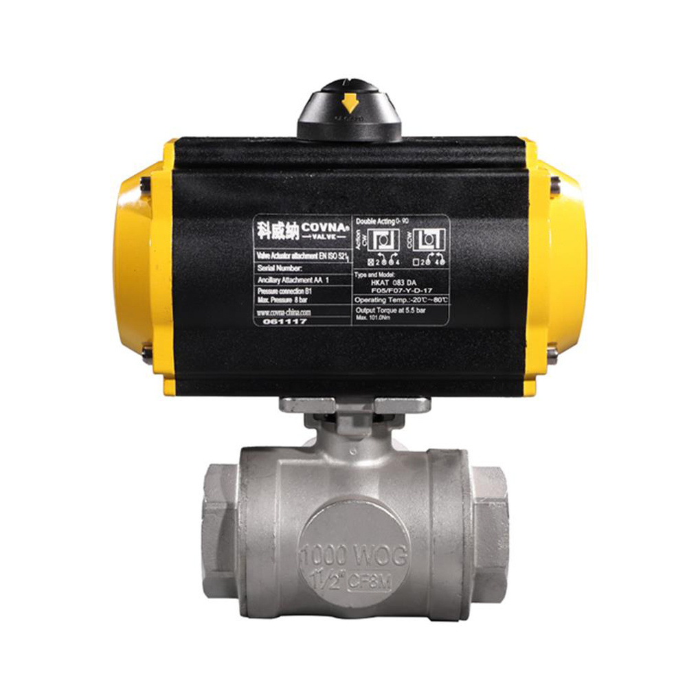 COVNA 2 inch 3 Way T Port NPT Threaded CF8M Stainless Steel Pneumatic Actuated Ball Valve