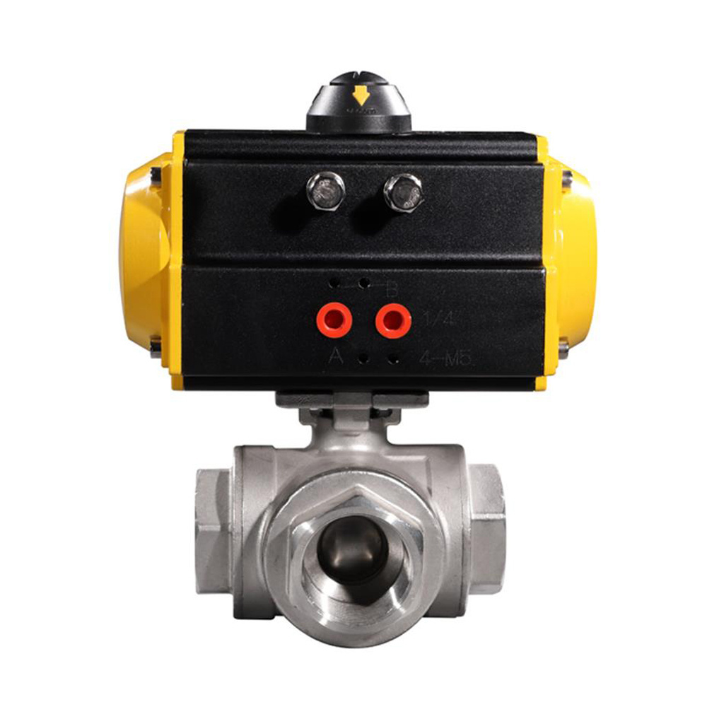 COVNA 2 inch 3 Way T Port NPT Threaded CF8M Stainless Steel Pneumatic Actuated Ball Valve