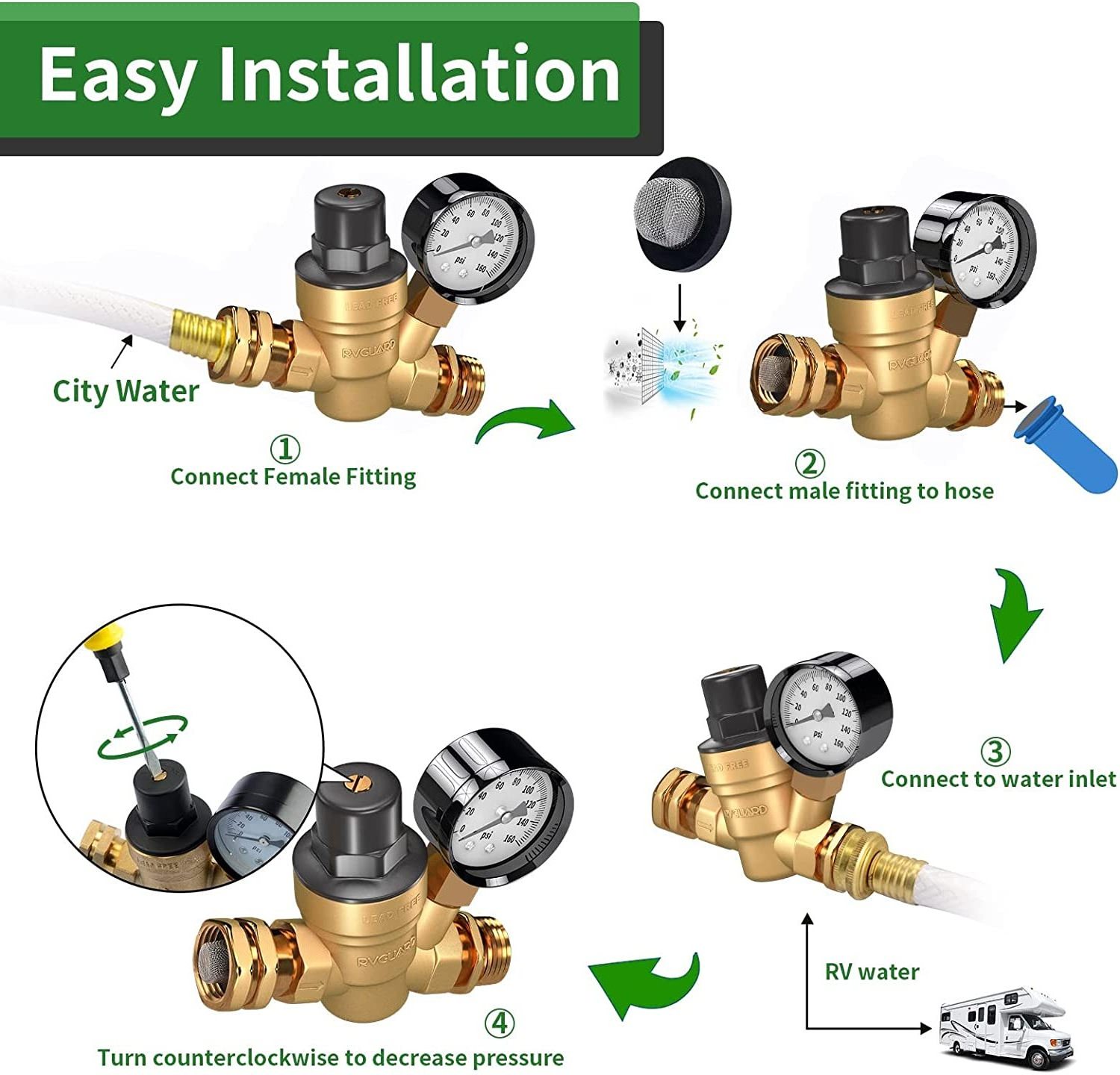 COVNA DN20 3/4 inch Lead-Free Brass High Pressure Reducing Valve Adjustable RV Water Pressure Regulator Valve with Gauge