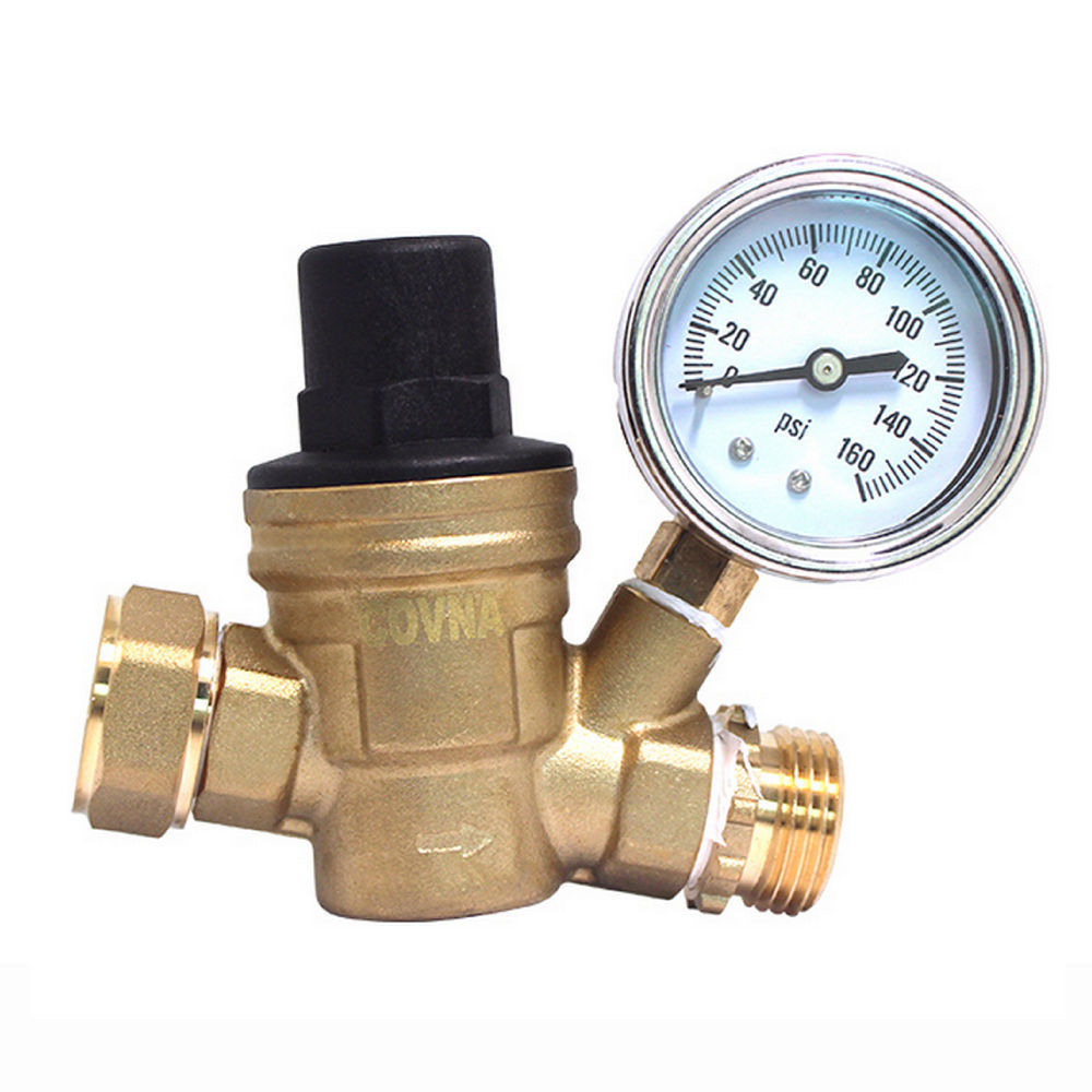 COVNA DN20 3/4 inch Lead-Free Brass High Pressure Reducing Valve Adjustable RV Water Pressure Regulator Valve with Gauge