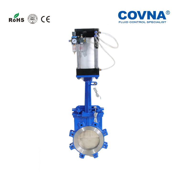 COVNA Lug Pneumatic Knife Gate Valve 4 inch Operated Soft Seal Cast Steel Knife Gate Valve Slurry Knife Gate Valve