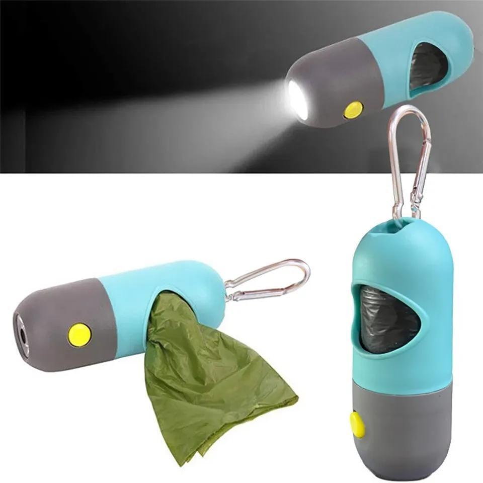 Led Flashlight Dog Poop Bag Holder With Button Battery Poop Bag Dispenser Silicone Pet Dog Waste Bag