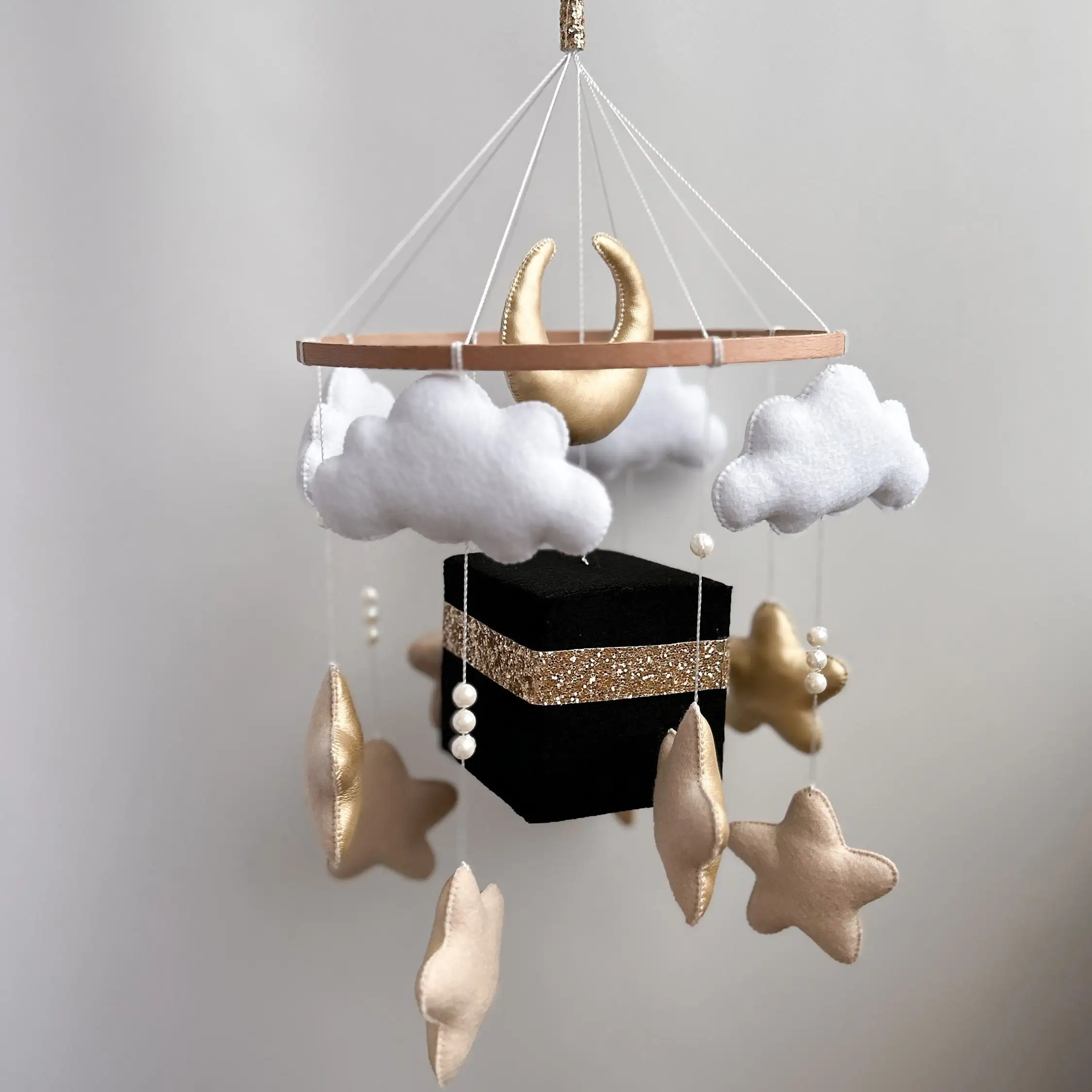 Wholesale New nursery hanging accessories felt moon and star cube Kaaba islamic cot quran baby crib mobile