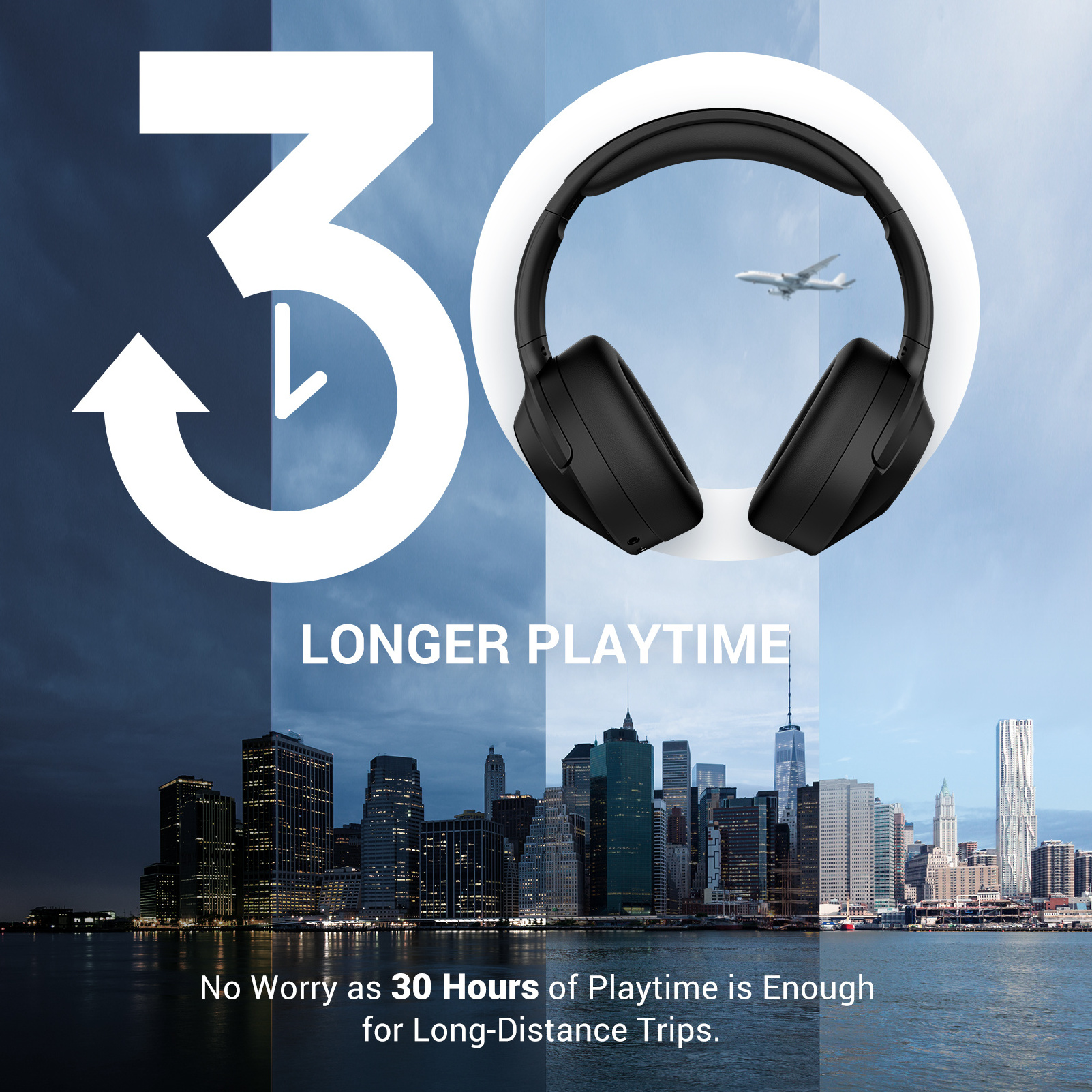 Hybrid Noise Cancelling Headphones with Deep Bass Wireless Headphones with Hi-Fi Audio,Memory Foam Ear Cups and 30H Play time