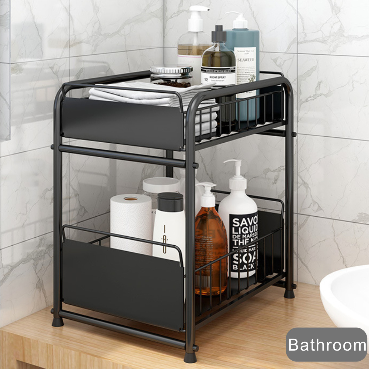 Under Sink Organizer Storage Rack With Sliding Drawer Slide Out Cabinet Organizer Storage Basket  For Kitchen and Bathroom