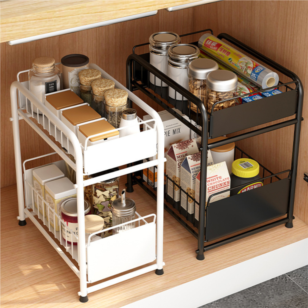 Under Sink Organizer Storage Rack With Sliding Drawer Slide Out Cabinet Organizer Storage Basket  For Kitchen and Bathroom