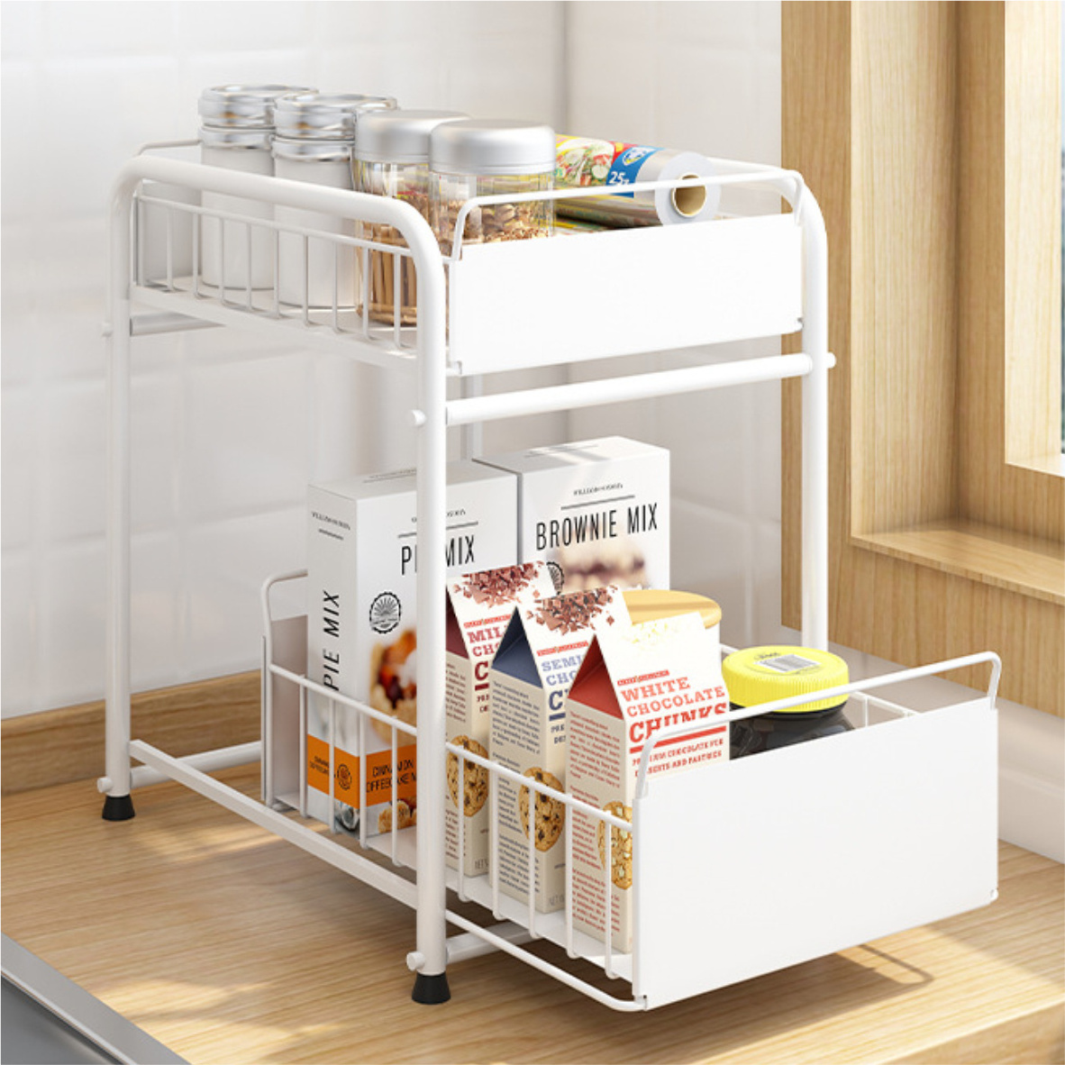 Under Sink Organizer Storage Rack With Sliding Drawer Slide Out Cabinet Organizer Storage Basket  For Kitchen and Bathroom