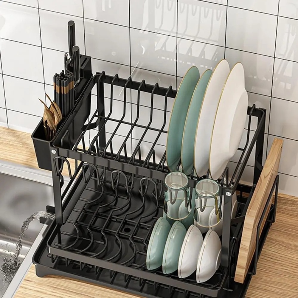 Dish Drying Rack 2 Tier Plate Drainer Cutlery Holder Kitchen Organizer Storage Shelf For Utensil Chopping Board Cup