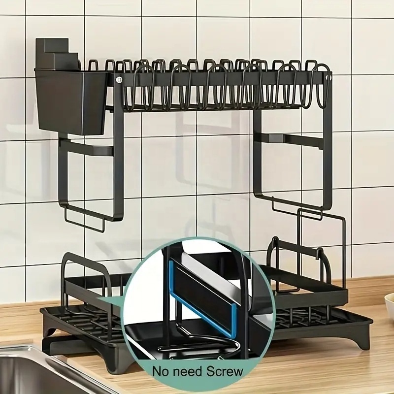 Dish Drying Rack 2 Tier Plate Drainer Cutlery Holder Kitchen Organizer Storage Shelf For Utensil Chopping Board Cup