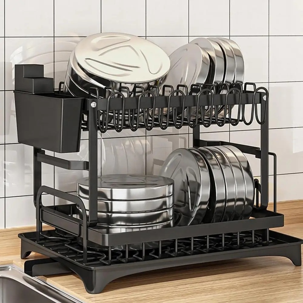 Dish Drying Rack 2 Tier Plate Drainer Cutlery Holder Kitchen Organizer Storage Shelf For Utensil Chopping Board Cup