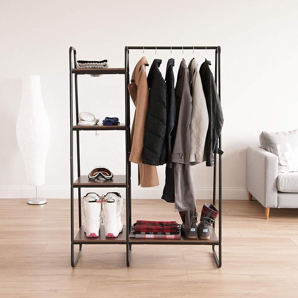 Metal Clothing Garment Display Rack with Wood Shelves, Wooden Storage Rack