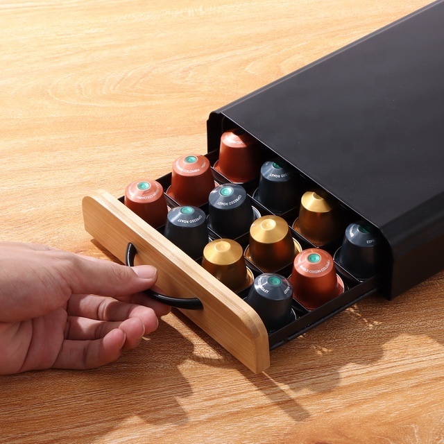 High Quality Bamboo Door Nespresso Holder 40pcs Original Coffee Capsule Pod Storage Organizer Container Coffee Pod Drawer Rack