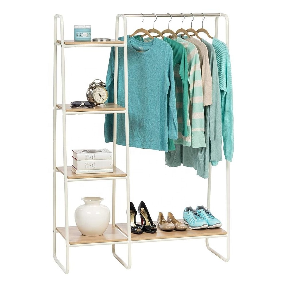 Metal Clothing Garment Display Rack with Wood Shelves, Wooden Storage Rack