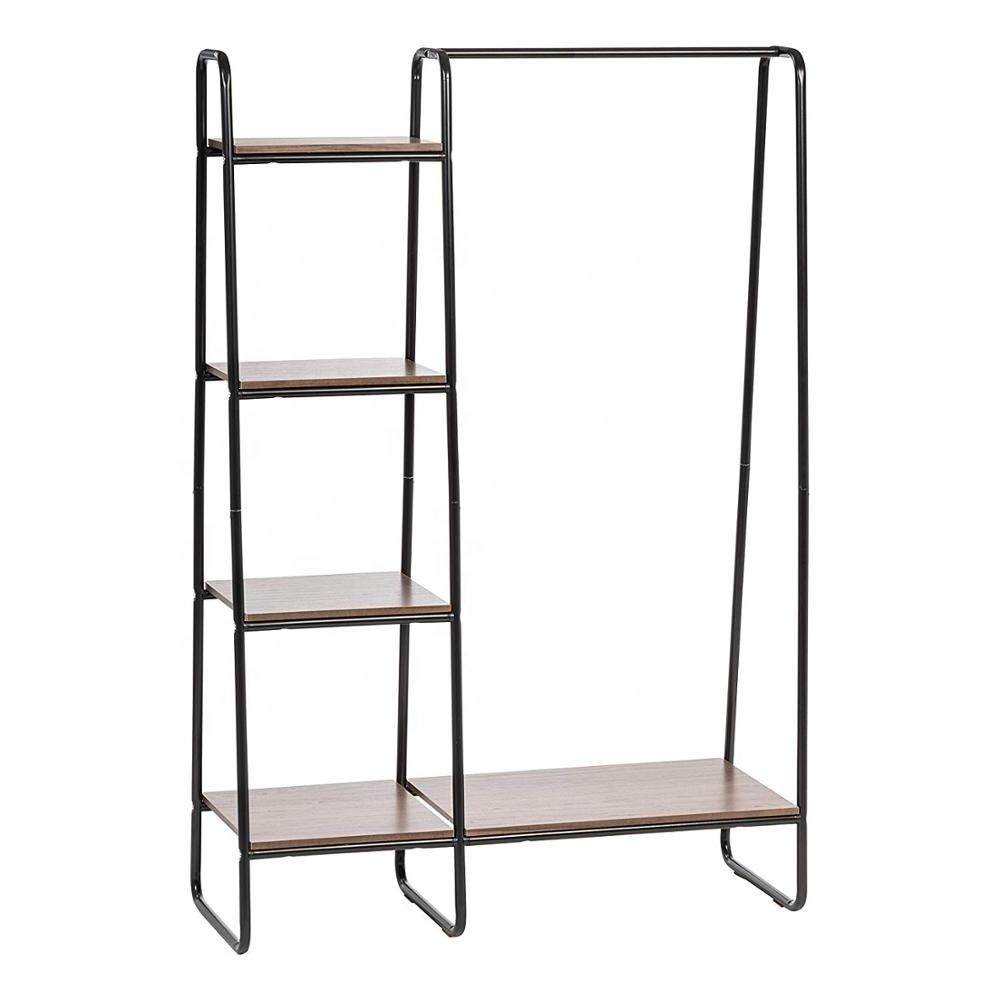 Metal Clothing Garment Display Rack with Wood Shelves, Wooden Storage Rack