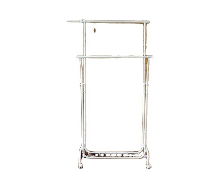 Double Rail Adjustable Height and Expandable Hanging Rod Shoe Shelf Clothes Garment Rack Bottom with Wheels Chrome Printing PVC