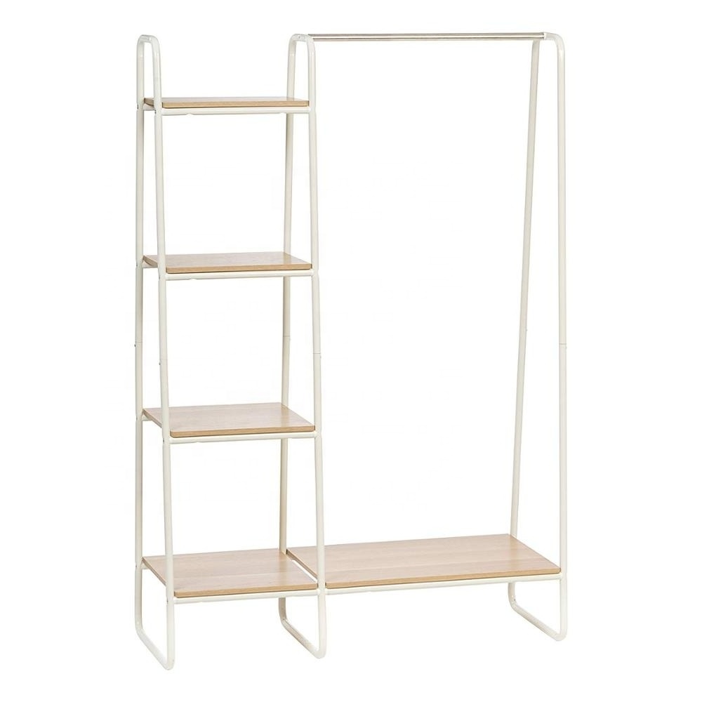 Metal Clothing Garment Display Rack with Wood Shelves, Wooden Storage Rack