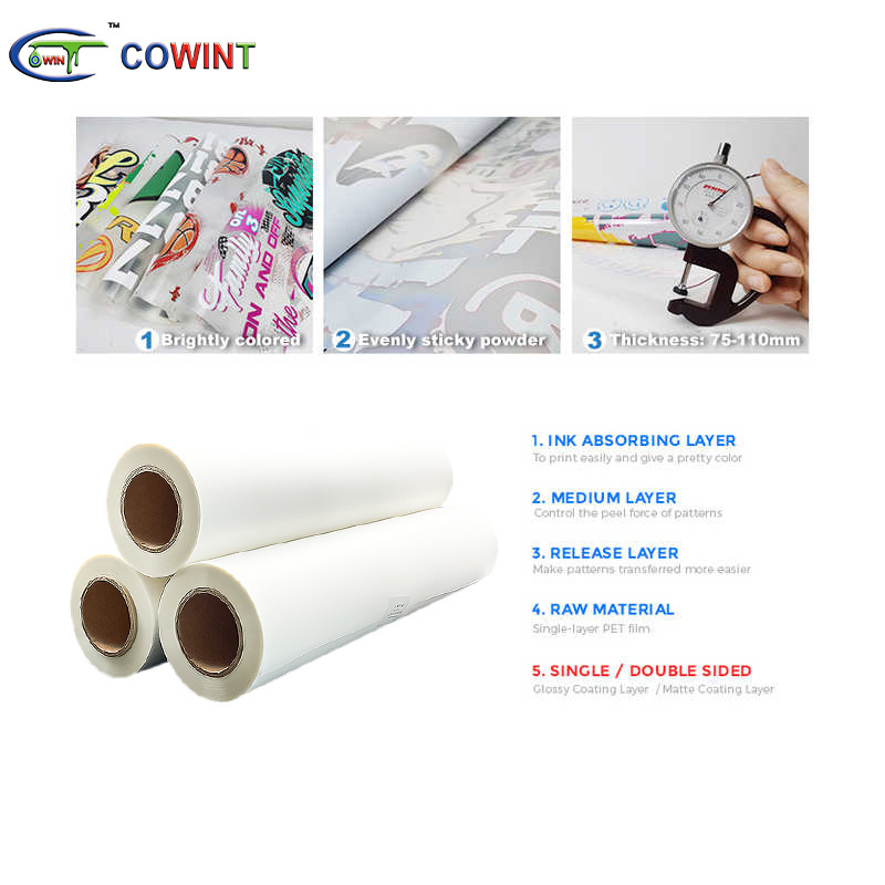 Cowint 0.3x1m 0.6x1m 60cm 33cm 13x19 transfer film a3 plus foil ink powder translucent roll pet film dtf 60cm width 100m length