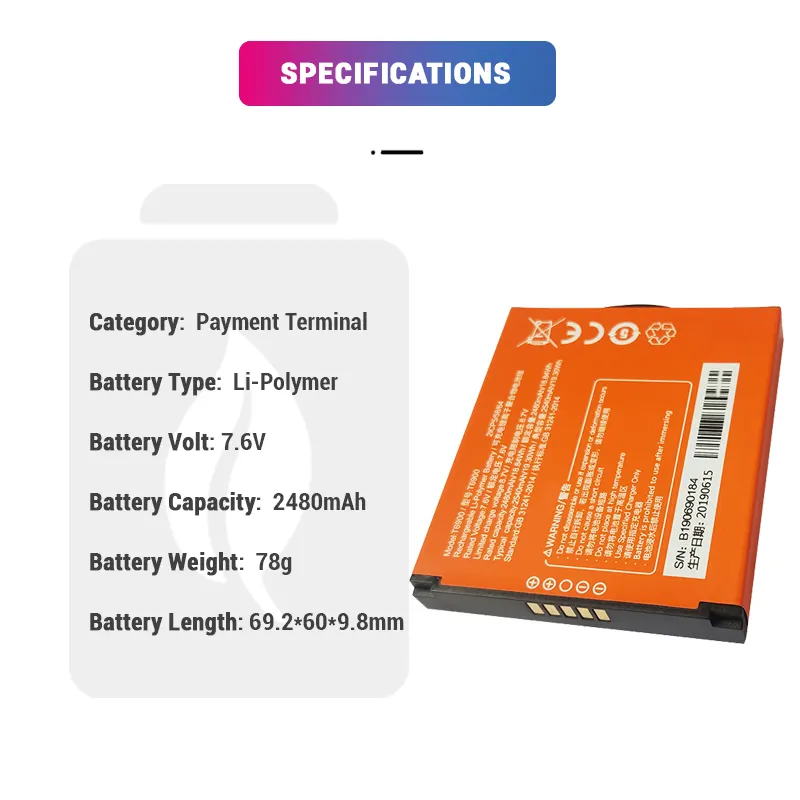 T6900 Battery Pos Terminal lithium ion batteries 2480mAh 7.6V POS Machine for Sunmi P2