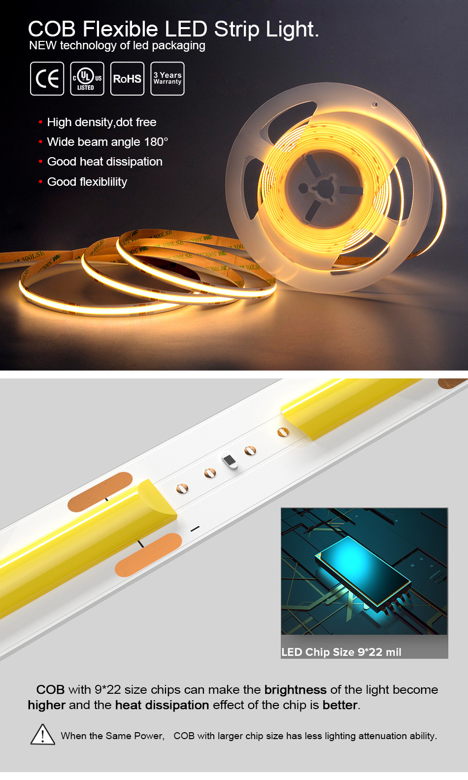 COXO cob led strip light 12v 24v 480led ce rohs 3 years warranty flexible COB led strip light