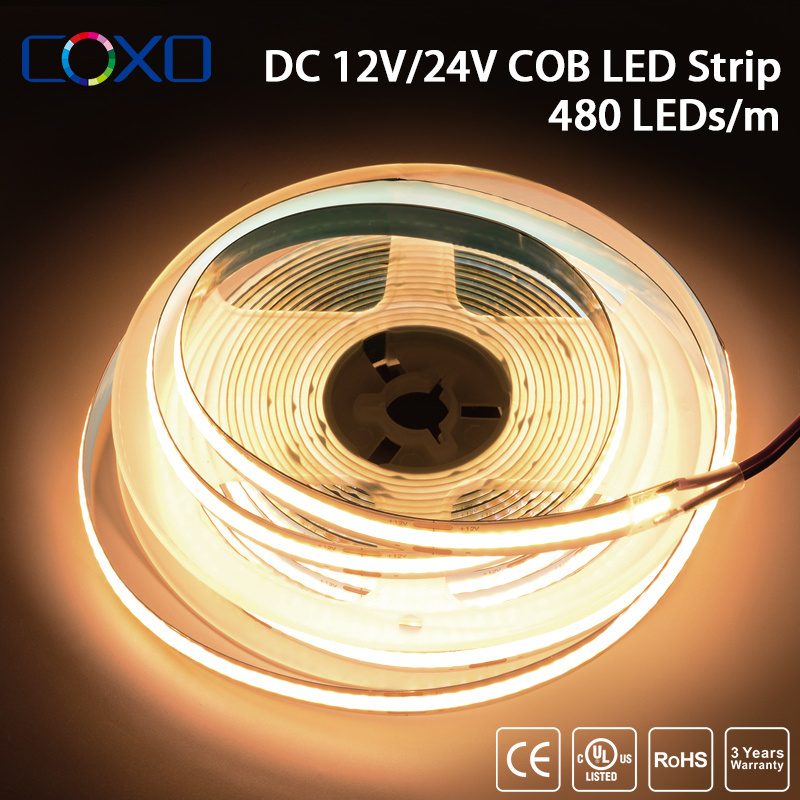 COXO cob led strip light 12v 24v 480led ce rohs 3 years warranty flexible COB led strip light