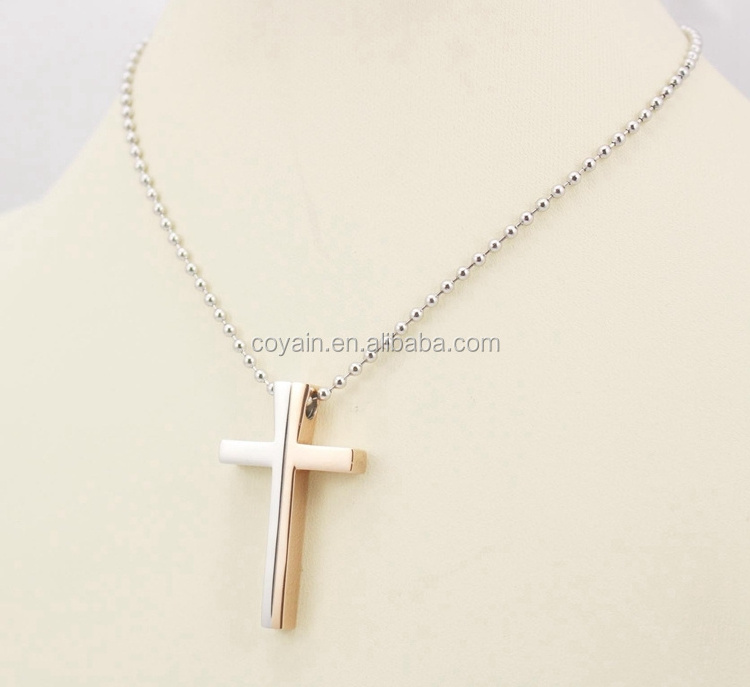 Shiny Stainless steel pendant cross rosary necklace rose gold cross religion necklace