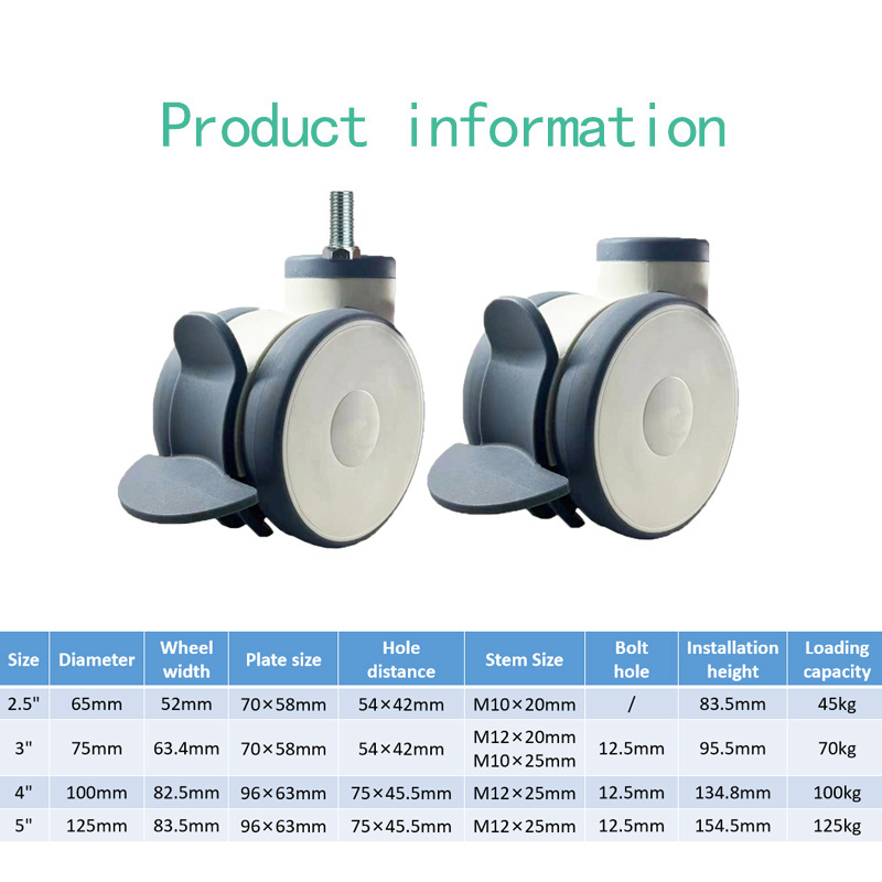 Office Chair Caster Wheels Small Plastic TPR Caster Wheel Medical Caster 3 4 5 Inch Twin Wheel